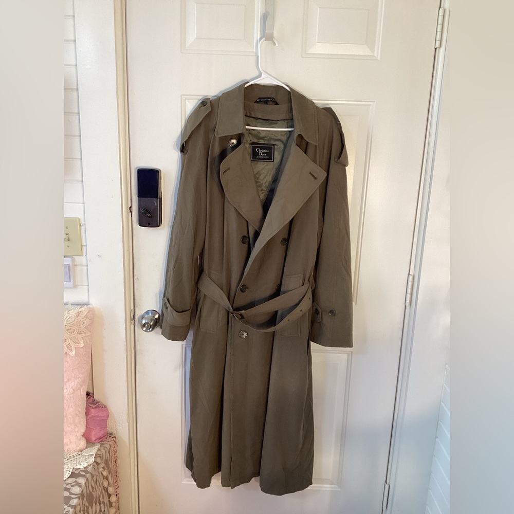 Vintage Christian Dior Men's Olive Double-Breasted Trench Coat